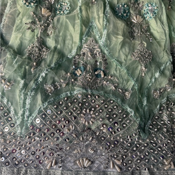 Green Embellished Tiered Gown with Square Neck - Picture 7 of 8